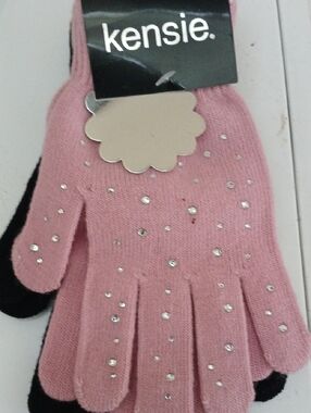 Kensie Pink Knit Gloves with Rhinestone Accents